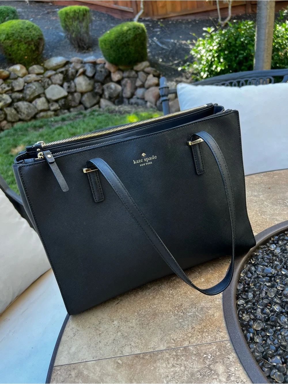 Kate Spade black Saffiano leather double-zip tote